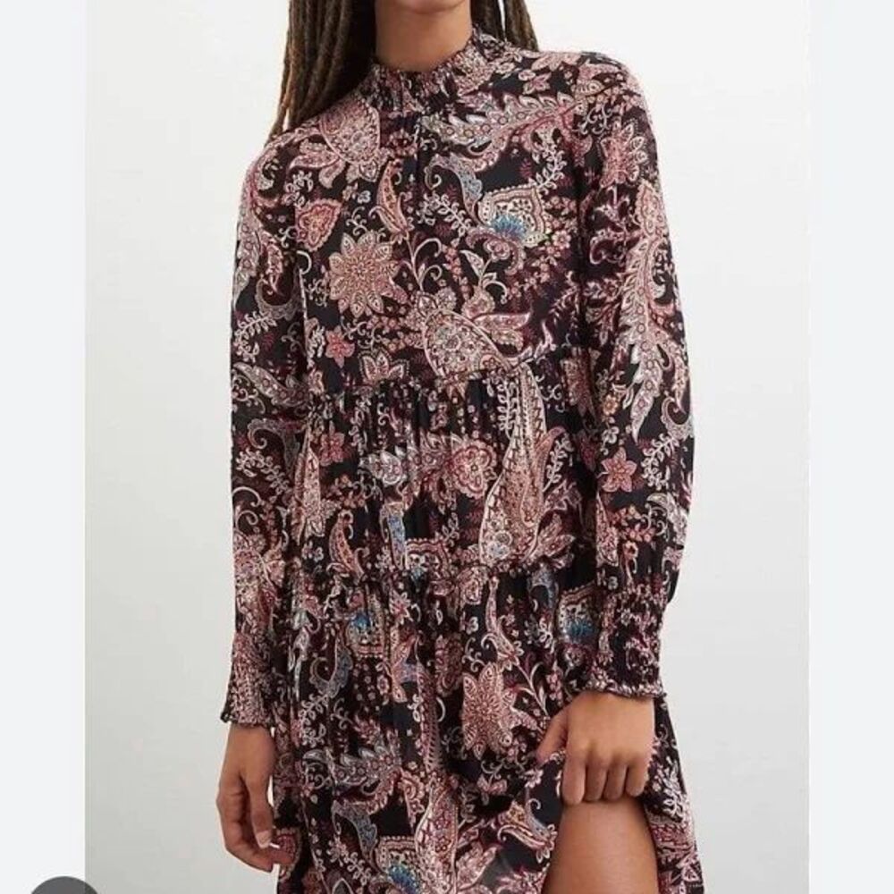 Anthropologie Womens Dress Brown Cady Tiered Tunic Paisley Puffed Boho Medium